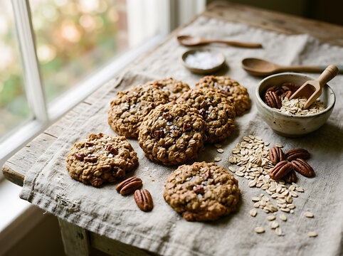 Freshly baked oatmeal pecan cookies served on a rustic linen cloth by a window.