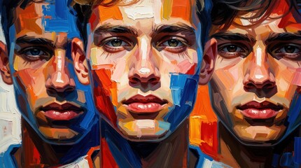 Obraz premium Group of three young males portraits displaying colorful abstract artistic styles. Faces show varied human expressions and modern artistic texture concepts for creative design.