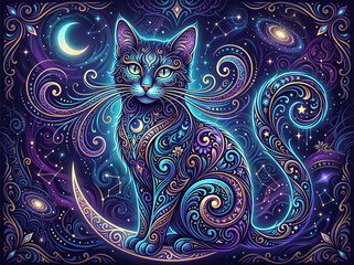 Fototapeta premium Cosmic feline pet sitting on a golden crescent moon surrounded by glowing stars and celestial swirling nebula patterns representing mystical energy within the vast deep blue night sky galaxy