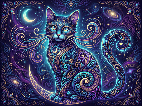 Cosmic feline pet sitting on a golden crescent moon surrounded by glowing stars and celestial swirling nebula patterns representing mystical energy within the vast deep blue night sky galaxy