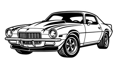 Fototapeta premium Detailed black and white vector illustration of a vintage American muscle car coupe with custom hood scoop, ideal for decals and t-shirt designs.
