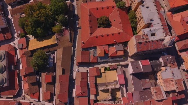Aerial Top Down Drone Reveal from Sebilj Towards Gazi Husrev Beg Mosque and Library in Sarajevo