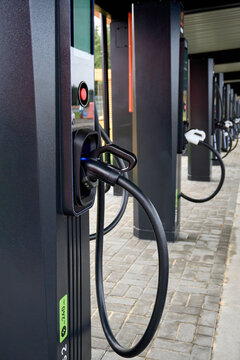 Electric vehicle charging stations lined up near a park