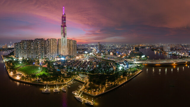 Aerial view of Landmark 81 and Vinhomes Central Park along the Saigon River, Ho Chi Minh City, Vietnam, on September 29, 2025.