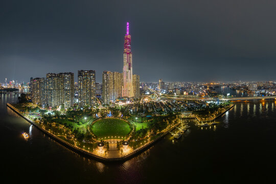 Aerial view of Landmark 81 and Vinhomes Central Park along the Saigon River, Ho Chi Minh City, Vietnam, on September 29, 2025.