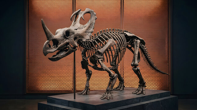 Ceratopsian dinosaur skeleton with large horns and frill in museum exhibit, prehistoric fossil display with dramatic orange lighting