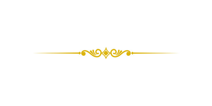 Golden vintage decorative divider with ornate flourishes and a central diamond shape isolated on transparent background