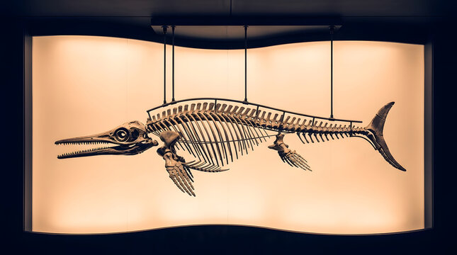 Marine reptile skeleton suspended in museum exhibition, prehistoric ocean fossil with long snout and flippers on illuminated display