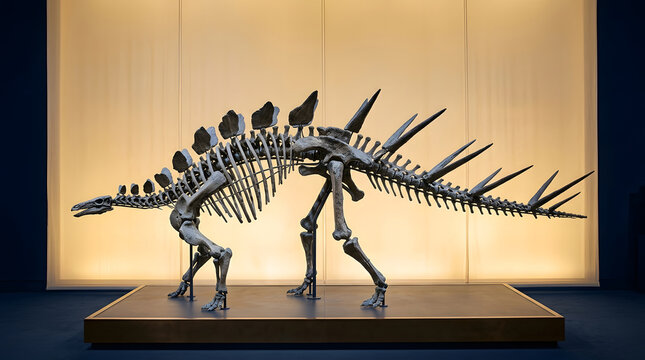 Stegosaurus skeleton in museum exhibition with tall plates and tail spikes, prehistoric herbivore fossil on illuminated display platform