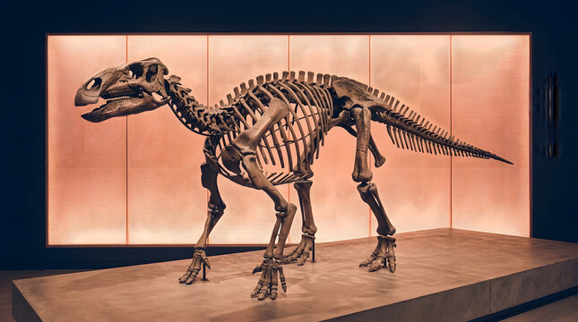 Herbivorous dinosaur skeleton in museum gallery with warm orange illuminated wall, prehistoric fossil exhibit and paleontology concept