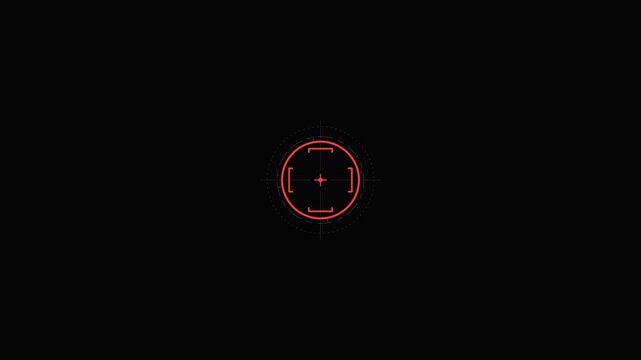 Futuristic minimal target tracking HUD animation featuring a circular crosshair reticle aligning onto a center target point, executing a precision lock snap, and holding locked state without text.