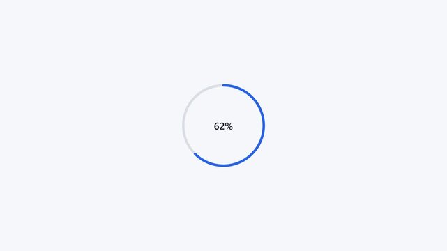 Minimal modern circular loading progress indicator with a blue arc filling clockwise from 0 to 100 percent synchronized with a clean percentage counter in the center.
