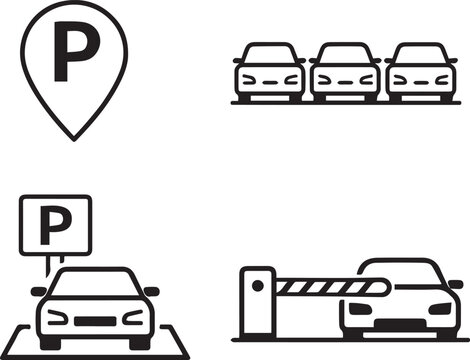 Set of black and white parking icons representing car storage locations and vehicle access control systems for maps
