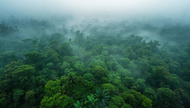 Mystical tropical rainforest shrouded in thick fog and low clouds seen from high above.
