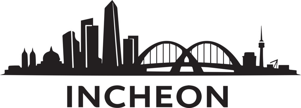 Minimalist black silhouette of the incheon city skyline featuring iconic skyscrapers and a large arched bridge