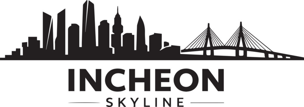 Minimalist black silhouette of the incheon city skyline featuring iconic skyscrapers and a large suspension bridge