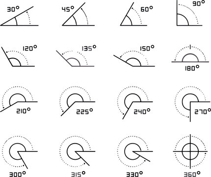 Mathematical Geometry Angles Icon Set with Degree Measurements for Education, School Textbooks, Technical Diagrams, Engineering Blueprints, and Academic Vector Graphic Designs