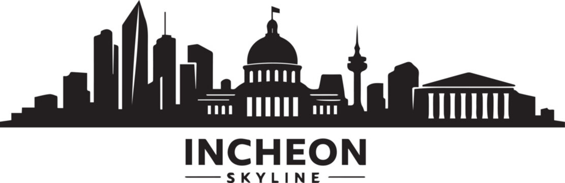 Minimalist black and white silhouette of the incheon city skyline featuring iconic buildings and modern architecture