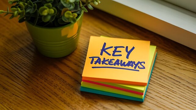 Yellow sticky note with key takeaways on wooden floor