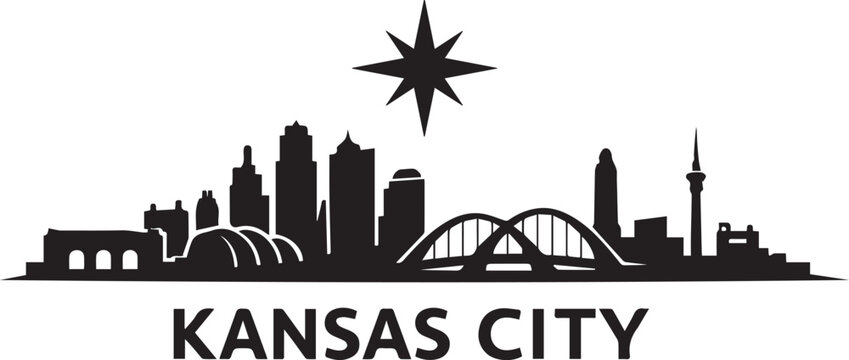 Minimalist black silhouette of the kansas city skyline featuring a compass rose icon on a white background