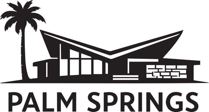 Minimalist black and white vector logo featuring a mid century modern house and a palm tree in palm springs