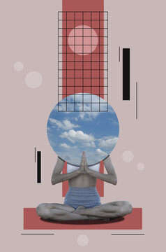 Collage with a woman is sitting in a meditative pose.