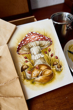 Vertical watercolor painting of a sleeping fox under toadstool