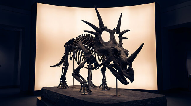 Triceratops dinosaur skeleton, fossil with three horns and large frill on museum platform, prehistoric paleontology and science display
