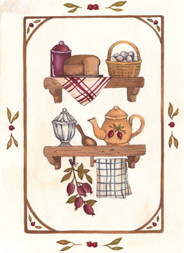 Rustic wooden kitchen shelves with teapot and bread watercolor