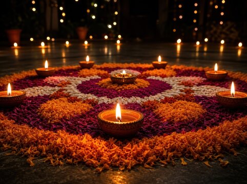 Diyas arranged in a colorful rangoli with soft bokeh lights during dusk signifying celebration