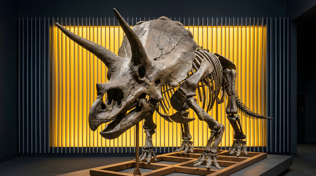 Triceratops dinosaur skeleton, giant horns and large frill in modern museum display, prehistoric fossil and paleontology science concept