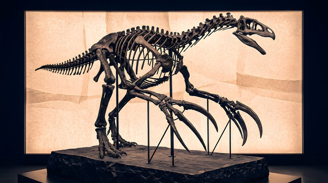 Therizinosaurus dinosaur skeleton, fossil with extremely long curved claws in museum display, prehistoric paleontology and science concept
