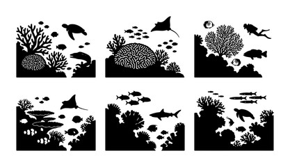 Black Silhouette Underwater Coral Reef Scenes, Marine Life Vector Icons: Sea Turtles, Sharks, Rays, Fish, Divers, Aquatic Ecosystems © Nayeem