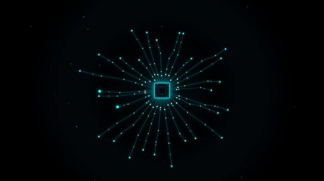 Glowing radial circuit lines and data pulses from central microchip on futuristic technology dark background