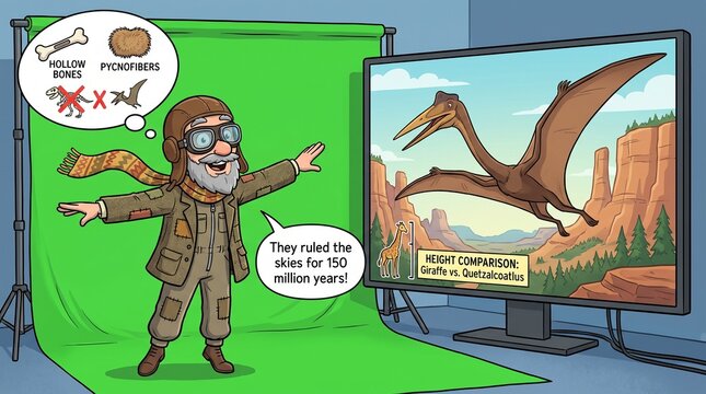Cartoon scientist teaching about pterodactyls in front of a green screen studio.