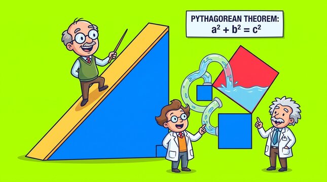 Cartoon scientists demonstrating the Pythagorean theorem with geometric shapes and math