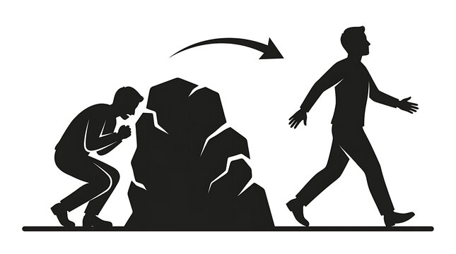 Man pushing boulder symbol for overcoming challenges during a journey towards success concept illustration