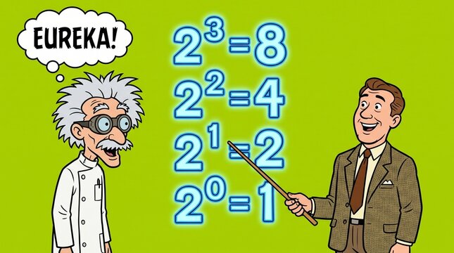 Cartoon scientist and teacher explaining mathematical power equations on green background