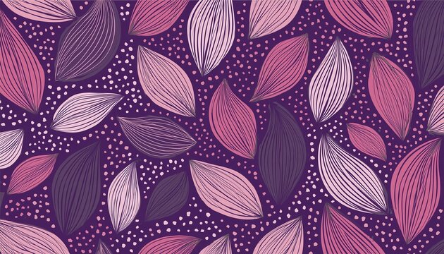 abstract seamless floral pattern with geometric leaves and dots in purple and pink background