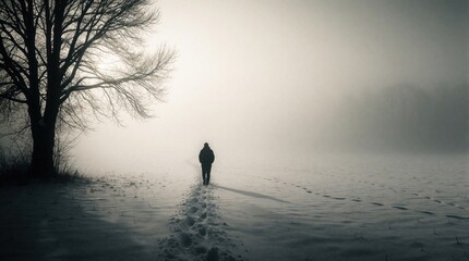 Obraz premium Solitary person walks away through snowy field on foggy winter morning. Lone traveler leaves footprints on white snow trail. Silhouette of figure moves toward misty forest under bare tree. Cold
