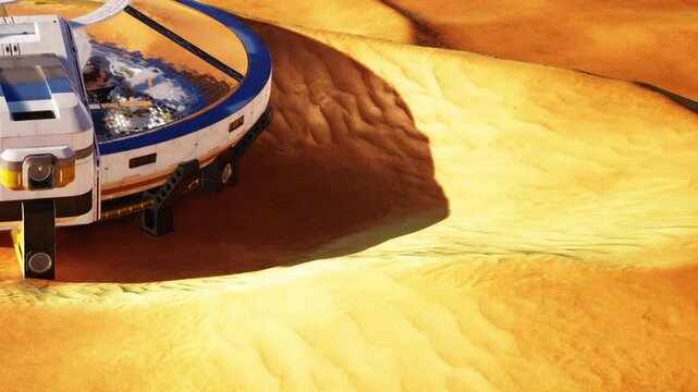 The scene shows sand dunes in a desert with a round object nearby. The sunlight casts shadows on the sand formations. The colors are warm and earthy, highlighting the texture of the dunes.