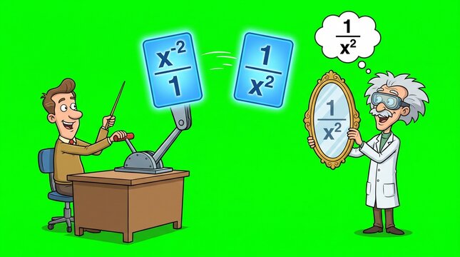 Teacher explaining negative exponent math rule with cartoon characters on green screen