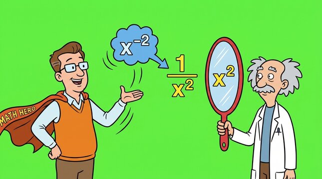 Math teacher explaining negative exponent fraction rule with scientist cartoon illustration