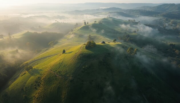 Mist flows through lush green rolling hills during peaceful morning sunrise landscape.