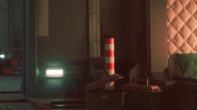 The scene shows an industrial room with stacked boxes and a red and white striped post. Lights illuminate the walls. It appears to be a workspace or storage area.