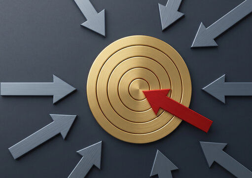 Multiple directional grey arrows converging and pointing straight into a central golden metallic target.