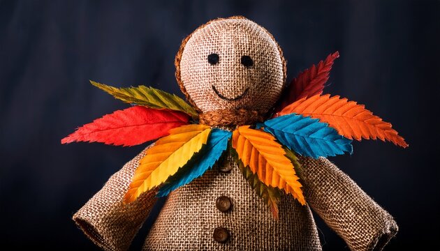close up of a handcrafted straw doll wearing a burlap coat adorned with colorful felt leaves against a dark background