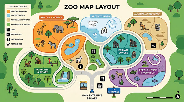 Illustrated zoo map layout showing various animal enclosures and visitor facilities