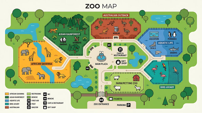 Illustrated zoo map with animal enclosures and visitor paths