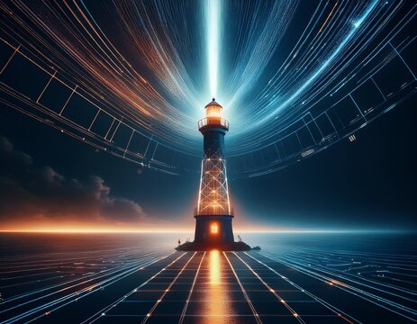 future navigation concept featuring a lighthouse beam and glowing digital data interface